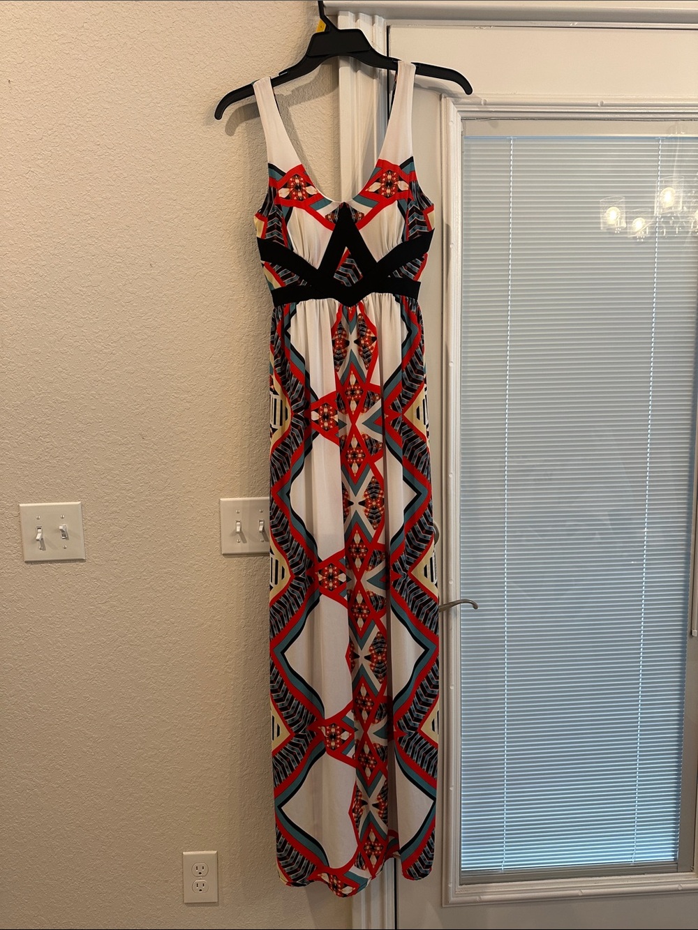 XOXO White Maxi Dress with Red, Black & Teal Geometric Print
